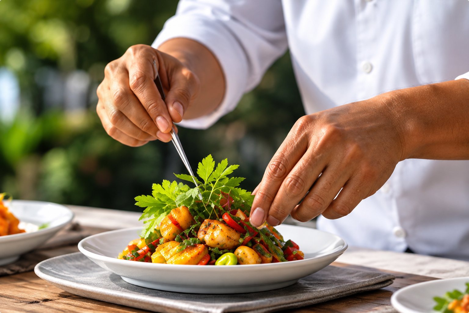 A chef garnishing a plated island dish