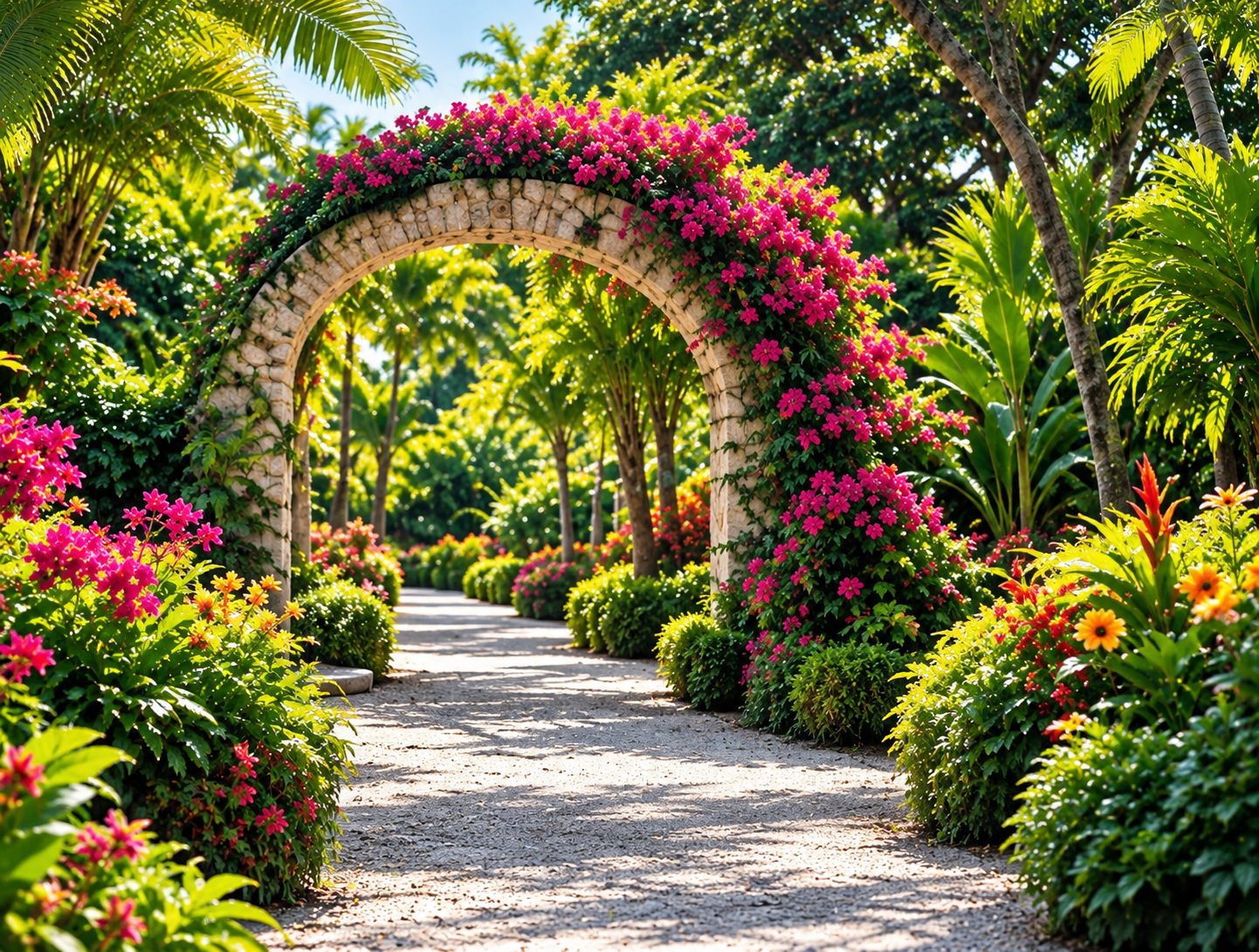 A flower-covered stone arch over a garden path