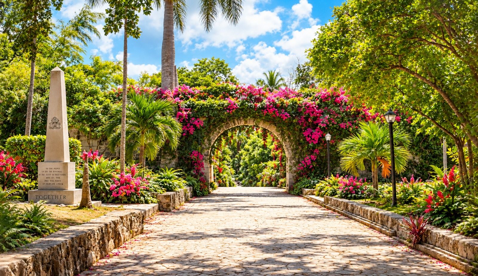 A stone arch covered in bougainvillea over a garden path