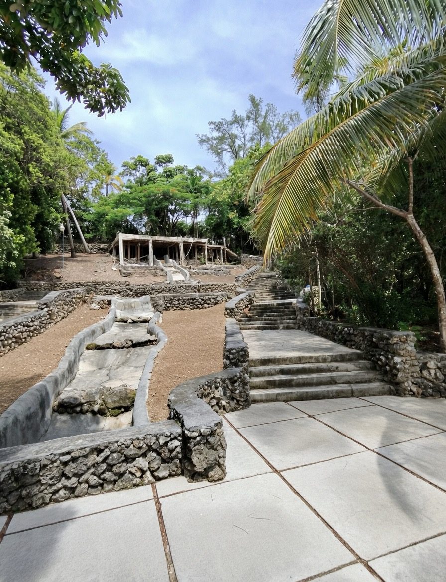 Terraces and steps rising to a timber pavilion